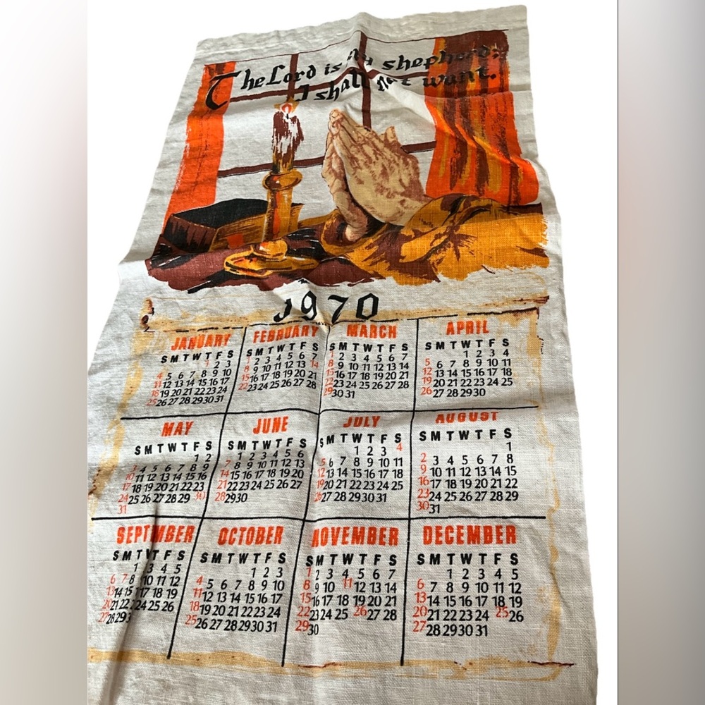 Vintage 1970 Calendar Linen Tea Towel Dish Towel Lord Is My Shepherd Crafting